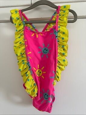 Kids Pink & Yellow Sun Print Ruffle One-Piece Swimsuit